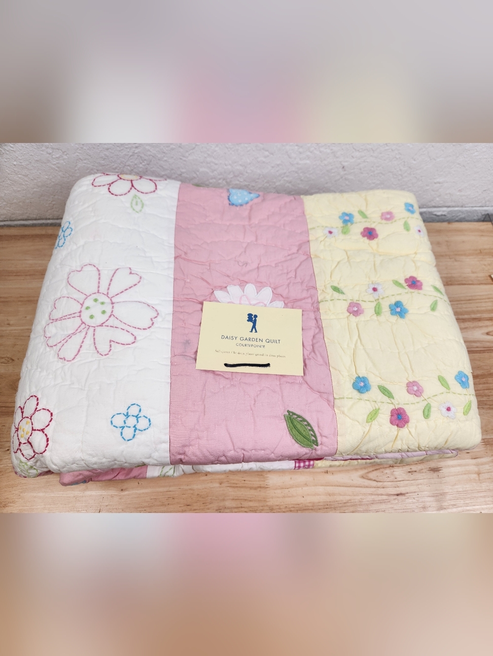 Pottery Barn Kids Daisy Garden Quilt Sz F/Q Pink Yellow White Flower NOS Embroid